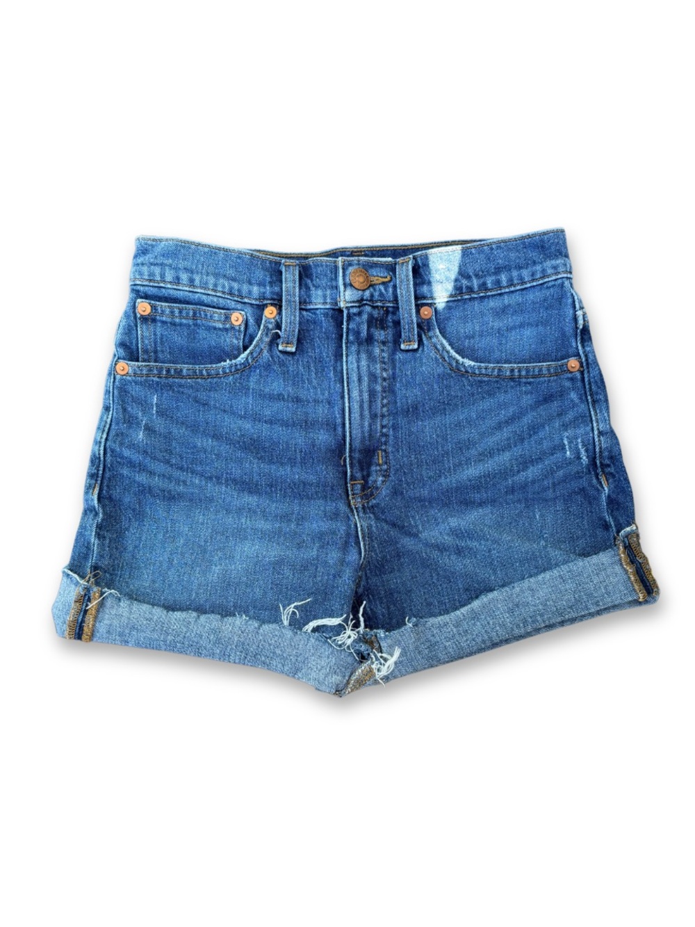 Madewell classic rolled hem distressed denim shorts in medium blue